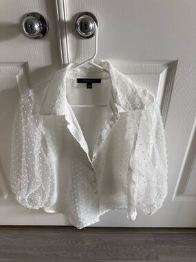 Marc New York White Sheer Swiss Dot Puff Sleeve Button-Up Blouse